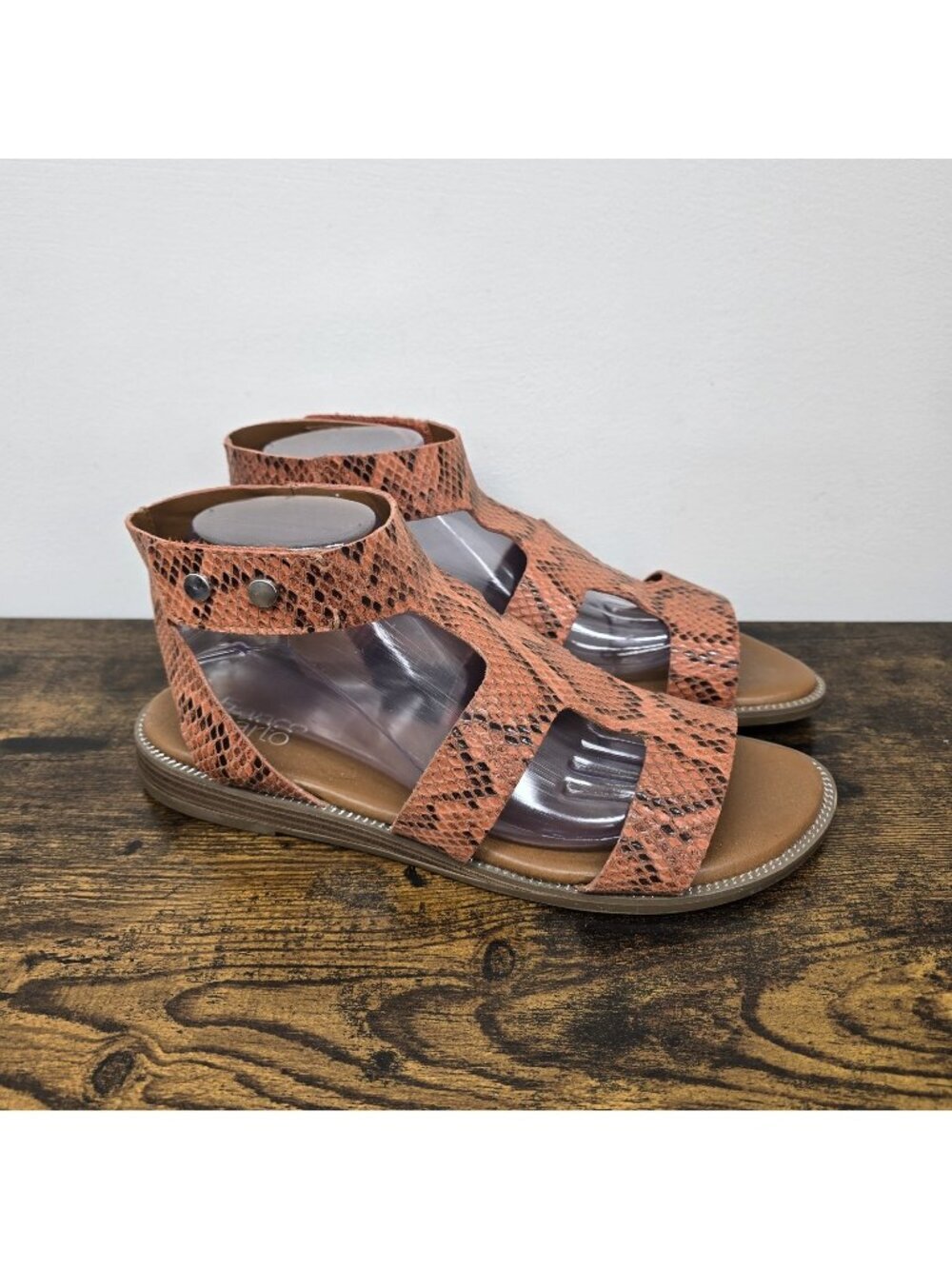 Franco Sarto Genevia Flat Sandals Size 10M Gladiator Snake Print Rust Black